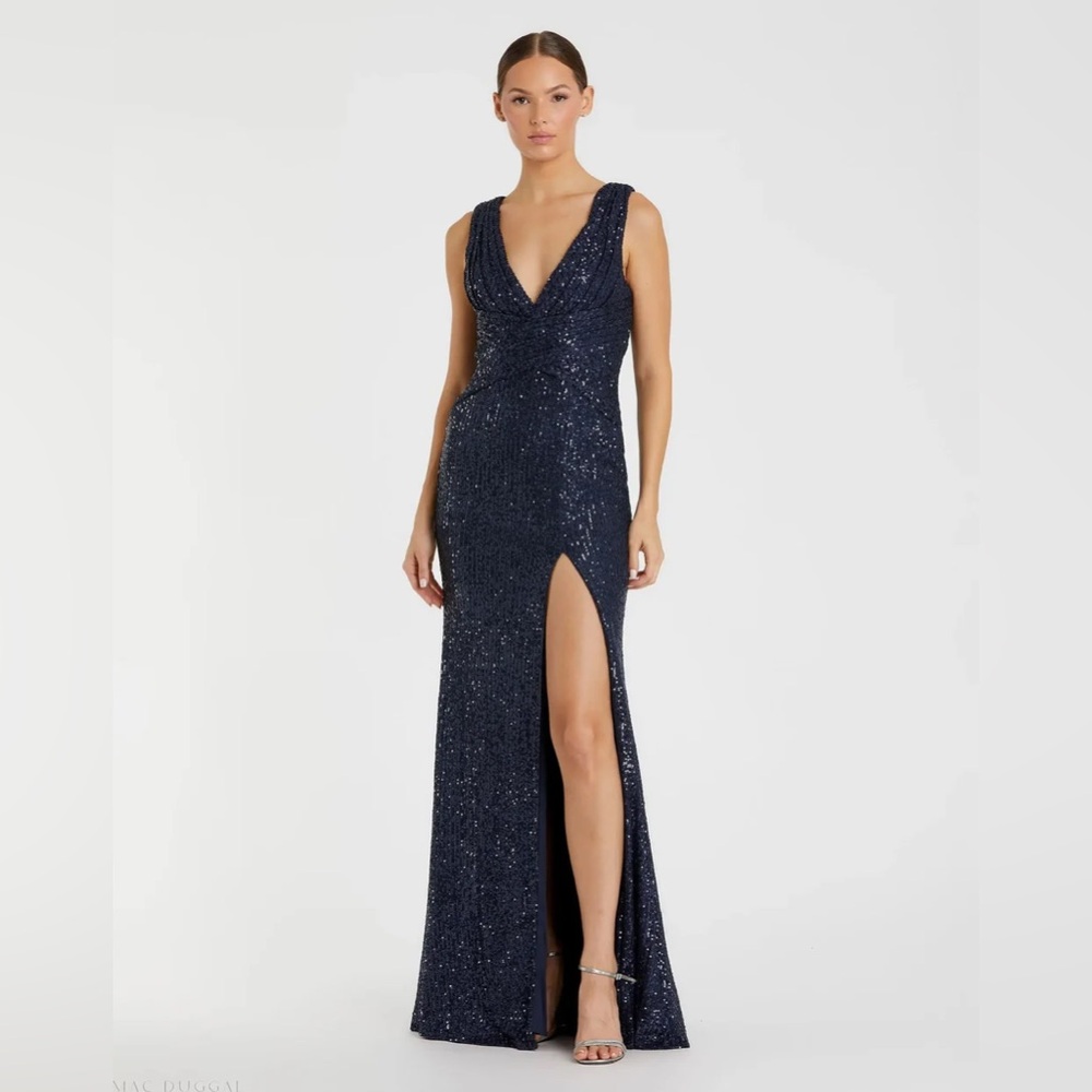 Navy V-Neck Sequin Wrap Waist Gown